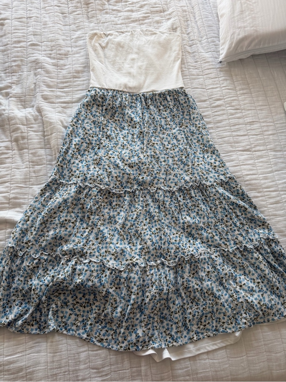 White Bodice Blue Floral Tiered Midi Dress